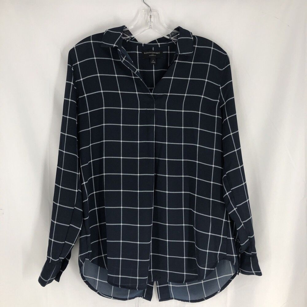 Banana Republic Shirt Navy Blue White Plaid Button Back Blouse Small Boyfriend